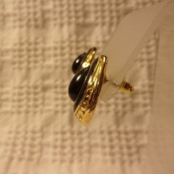 "Trifari Black Gold Teardrop Pierced Earrings " - Picture 2 of 4